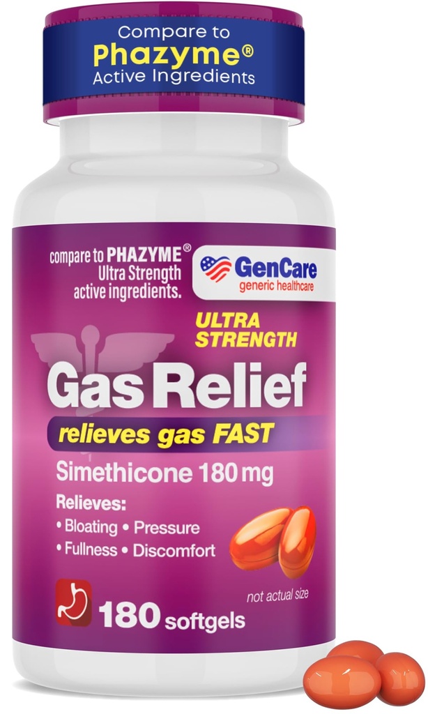 GenCare - Ultra Strength Simethicone Gas Relief 180 mg (180 Softgels) tóxico Anti Flatulence, Bloating Aid, Stomach Discomfort and Gas Pressure Relieve Pills ← Relieves Gas Fast  durable Genérico Phazym