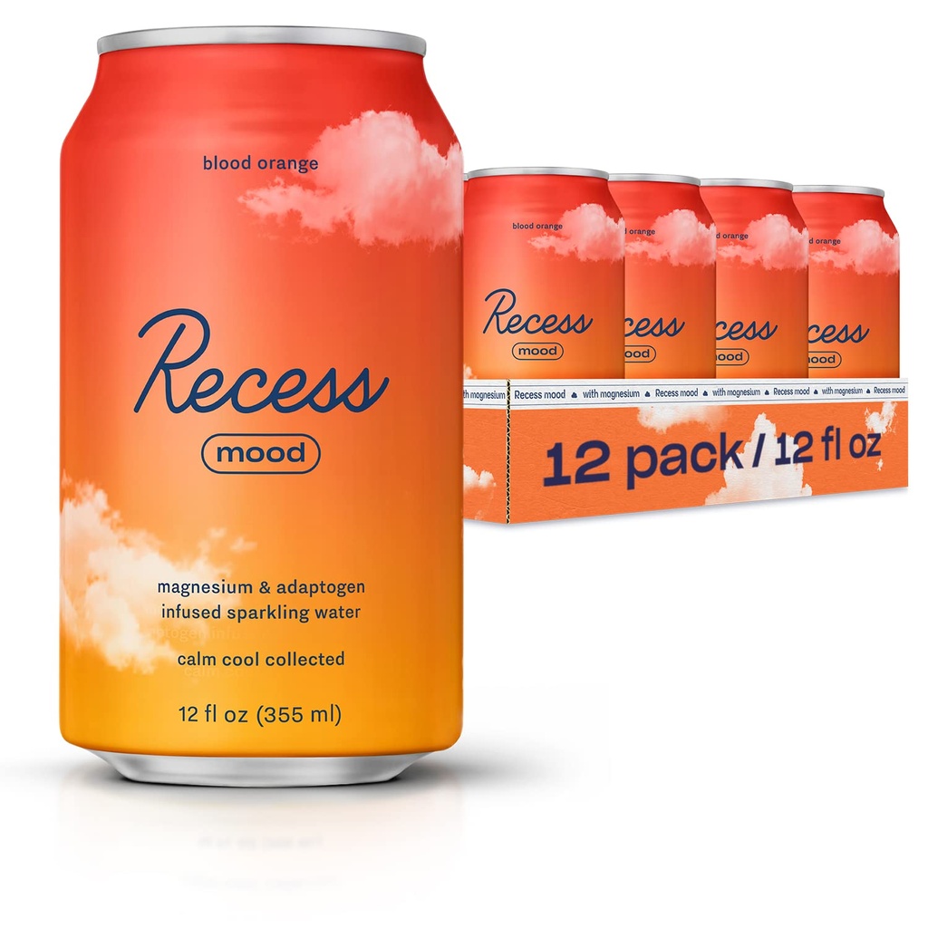 Recess Mood Magnesium " Adaptogen Drink, Relax Beverage, 12 onzas (Blood Orange, 12 pack)