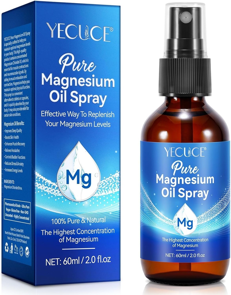Óleo de Magnesio, Óleo de Magnesio para Pies, Óleo de Magnesio Puro 2 Fl.Oz, 100% Puro &amp; Magnesio Natural Espray, Espray de Magnesio Topical, Desodorante Natural, Fácil de Absorb y Uso