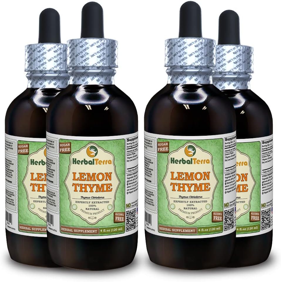 [BRSWGHYRAB7RME3F] Tomo de limón (Thymus x Citriodorus) Glicérito, hierba seca orgánica Extracto líquido libre de alcohol (Marca: HerbalTerra, Proudly Made in USA) 4x4 fl.oz (4x120 ml)