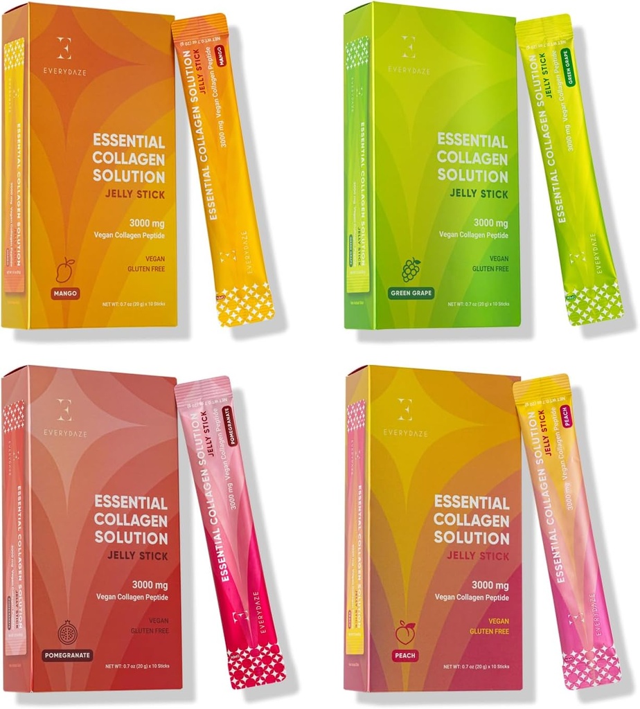 EVERYDAZE Essential Collagen Solution Jelly Stick ← 40 Variety Pack  Peach, Mango, Green Grape, Pomegranate ← Vegan Collagen Peptide Supplement  durable Hair, Skin, Nail, Bone Health for Men &amp; Women