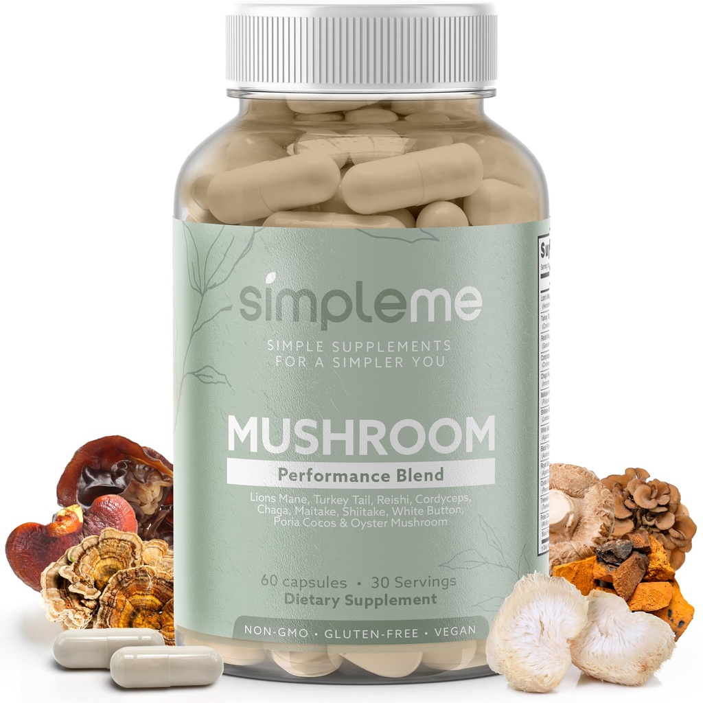 Simpleme Multi-Mushroom Suplemento - Complejo Para Cerebro, Soporte Inmunitario, Nootropics - Performance Blend with Lions Mane, Turquía Tail, Reishi, Cordyceps, Chaga, Maitake, Shiitake y Más - 60 cápsulas