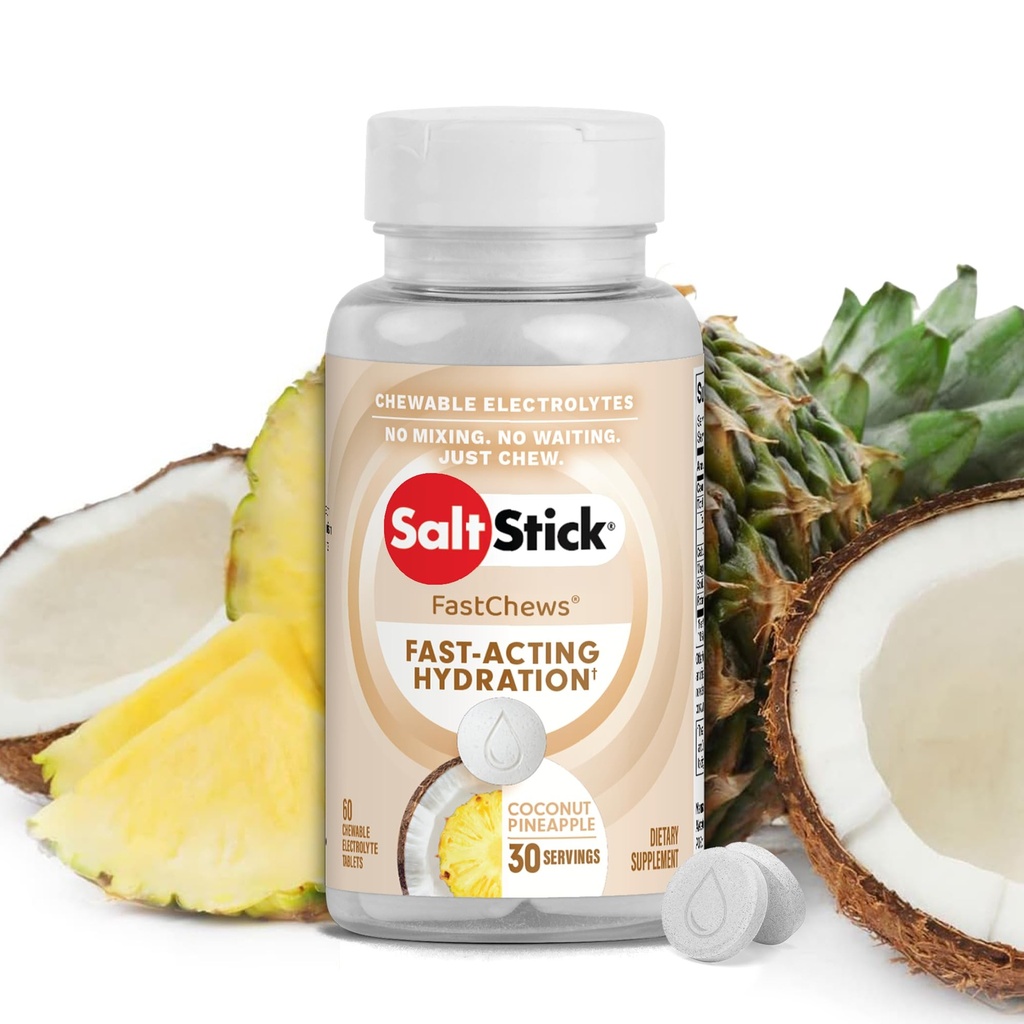 SaltStick Electrolyte FastChews - 60 Coconut Pineapple Chewable Electrolytes - Tablas de sal para correr y hidratación, Electrolyte Chews - 60 Cuenta