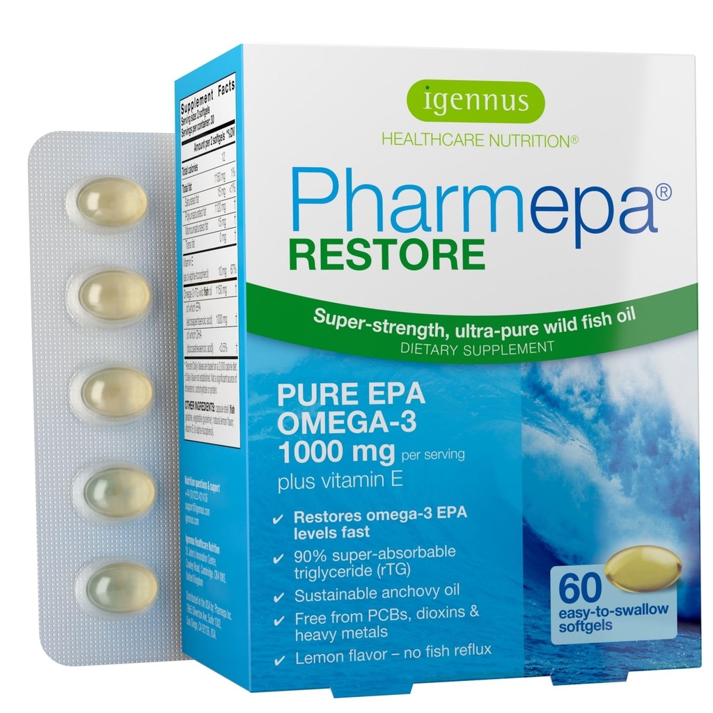 Igennus Pharmepa Restore, Pura EPA 1000mg, Omega 3 rTG Fish Oil, IFOS Certified, Alta Absorción, 90% Concentración Triple Fuerza, Salvaje &amp; Sostenible, Lemon Flavor, 1-Month Supply, 60 Softgels