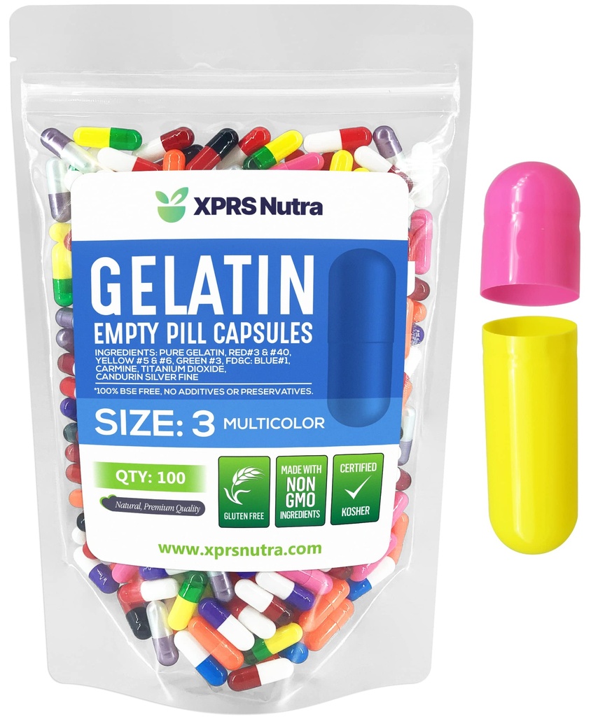 XPRS Nutra Size 3 Empty Capsules - 100 Conde Empty Gelatin Capsules - Pills DIY Capsule Filling - Pure Bovine Pill Gel Caps for Do-It-youself Supplements (Multi Color)