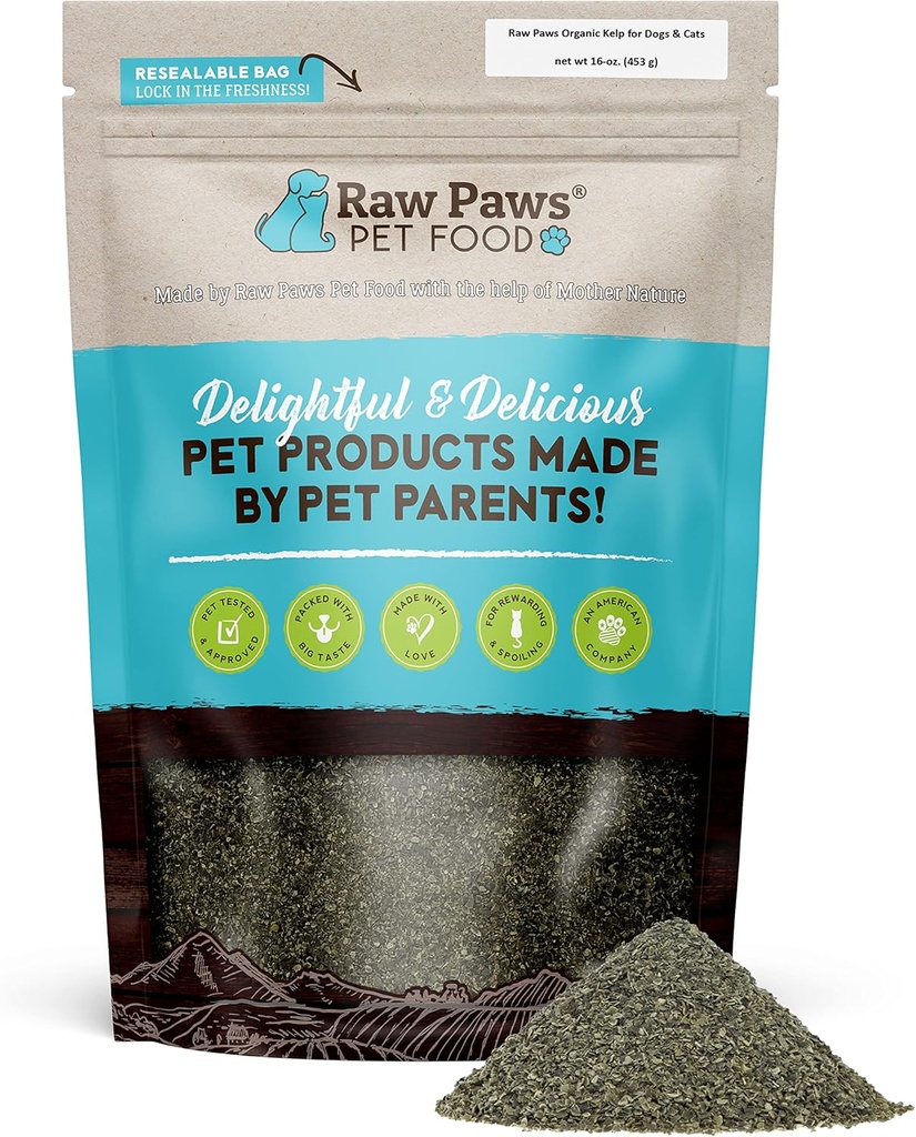 Raw Paws Organic Kelp Powder for Dogs & Cats (16-Ounce) - Soporta Tiroides, Digestivo & Immune Health - Seca Sea Kelp for Dogs - Seaweed Powder Supplement