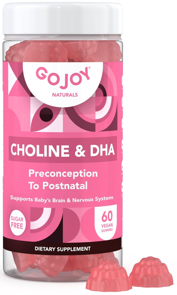 Choline prenatal &amp; DHA Gummies - Preconcepción al suplemento de vitamina Gummy postnatal para las mujeres embarazadas - Endulzado con fruta de monje - 3er test de fiesta - No GMO, Gluten Free, Vegan