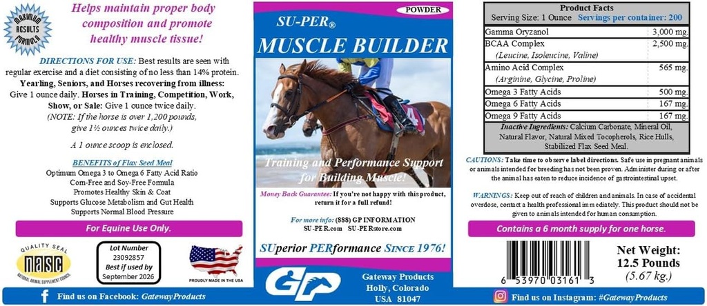 SU-PER Muscle Builder Horse Supplement - Training and Performance Support for Exercising Muscle - 12,5 libras, 6 meses de suministro