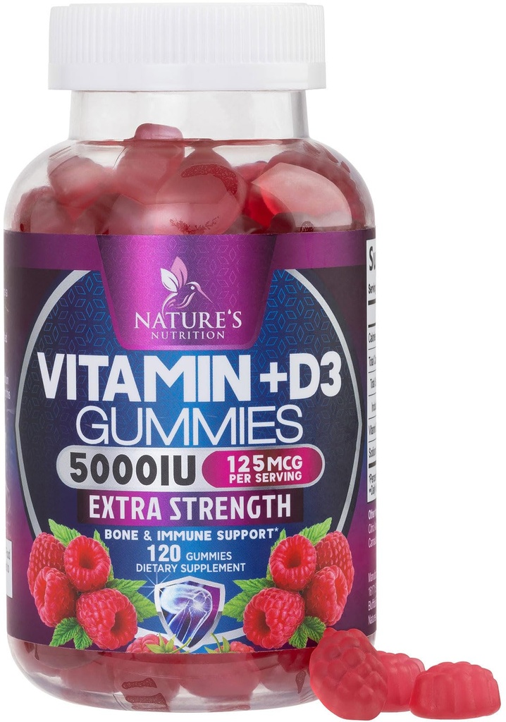 Vitamina D3 Suplemento Gummy 5000 UI (125 mcg) Vitaminas dietéticas D para hombres &amp; mujeres - Hueso, dientes, musculoso y apoyo a la salud inmunitaria, alta potencia VIT D3 La naturaleza no GMO &amp; Gluten Gratis - 120 Gummies