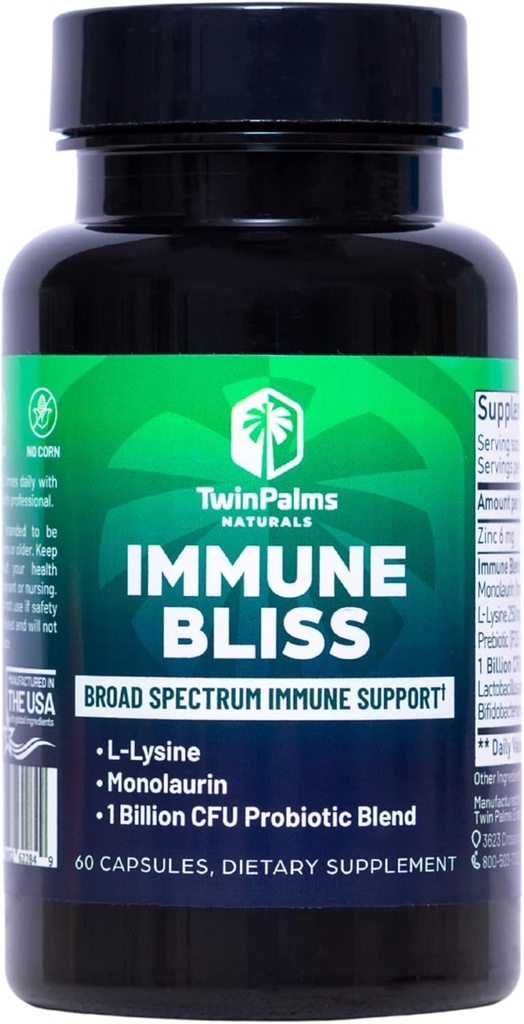 Immune Bliss - Broad Spectrum Daily Wellness Support for Seasonal Sickness  L-Lysine Monolaurin Probiotic Blend Prebiotic Blend ← Proporciona Defensa Natural ← Vegan Vegetarian Non-GMO Silencio 60 cápsulas