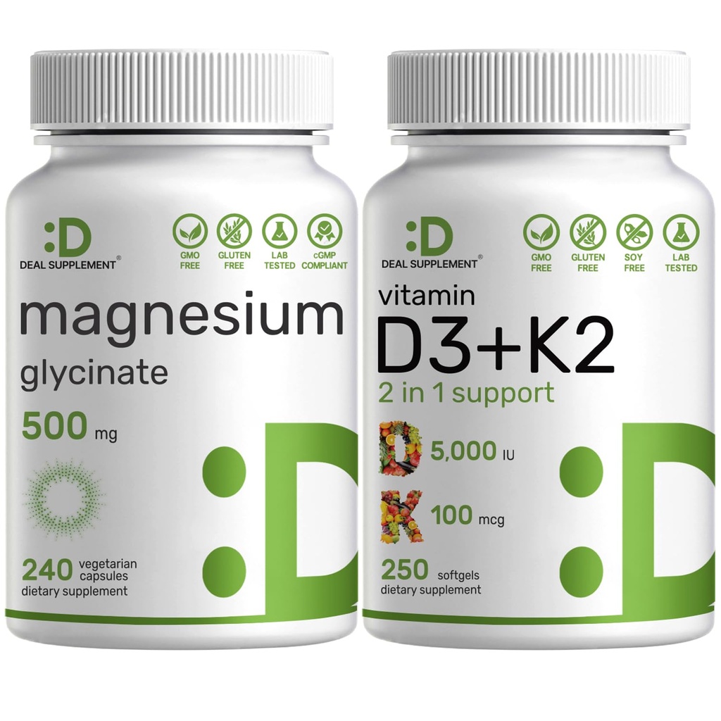 Magnesium Glycinate 500mg Veggie Capsules &amp; Vitamina D3 5,000iu + K2 100mcg Softgels Bundle – Fácilmente Absorbed Chelated Mineral – D & K Essential Sunshine Vitaminas
