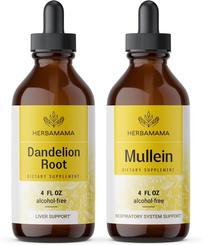 HERBAMAMA Herbal Liquid Drops Kit - Bundle of Dandelion Root and Mullein Leaf Tincture 4 fl oz - Vegan, Non-GMO, Sugar & Alcohol-Free - 2 Pack