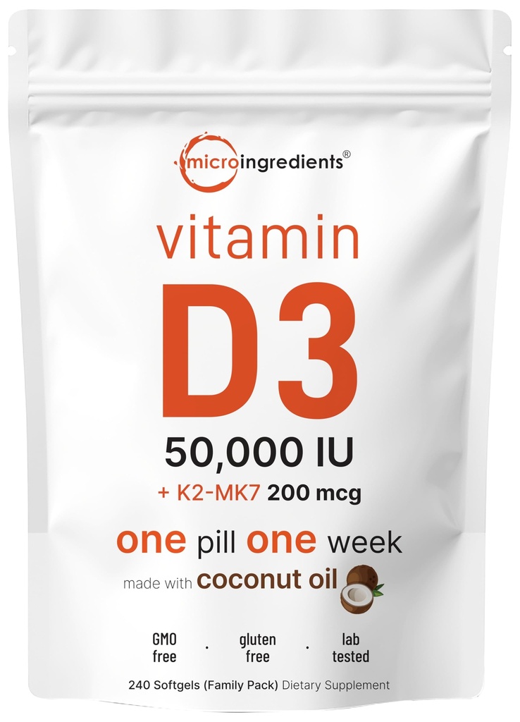 Micro Ingredientes Vitamina D3 50.000 UI + K2 MK-7 200 mcg, 240 Softgels viv Virgin Coconut Oil TEN 2-in-1 Bone, Immune & Heart Support TEN Easy to Swallow, Non-GMO