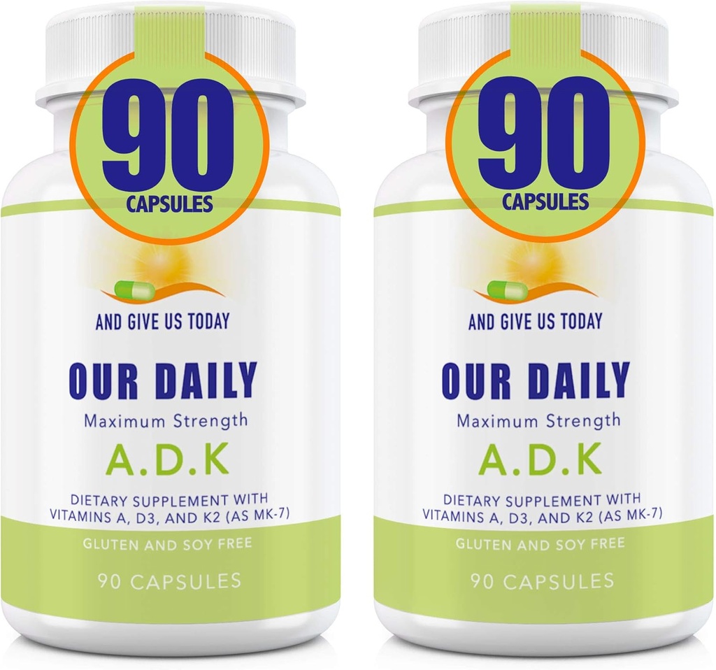 Nuestros Vites diarios ADK Suplemento - Vitamina A, D3 &amp; K2 (como MK7) - Bono, Soporte de sistema inmunitario - Vitaminas de alta potencia con ingredientes no GMO - Gluten Free, Soy Free Vegetable Capsules 180 CT