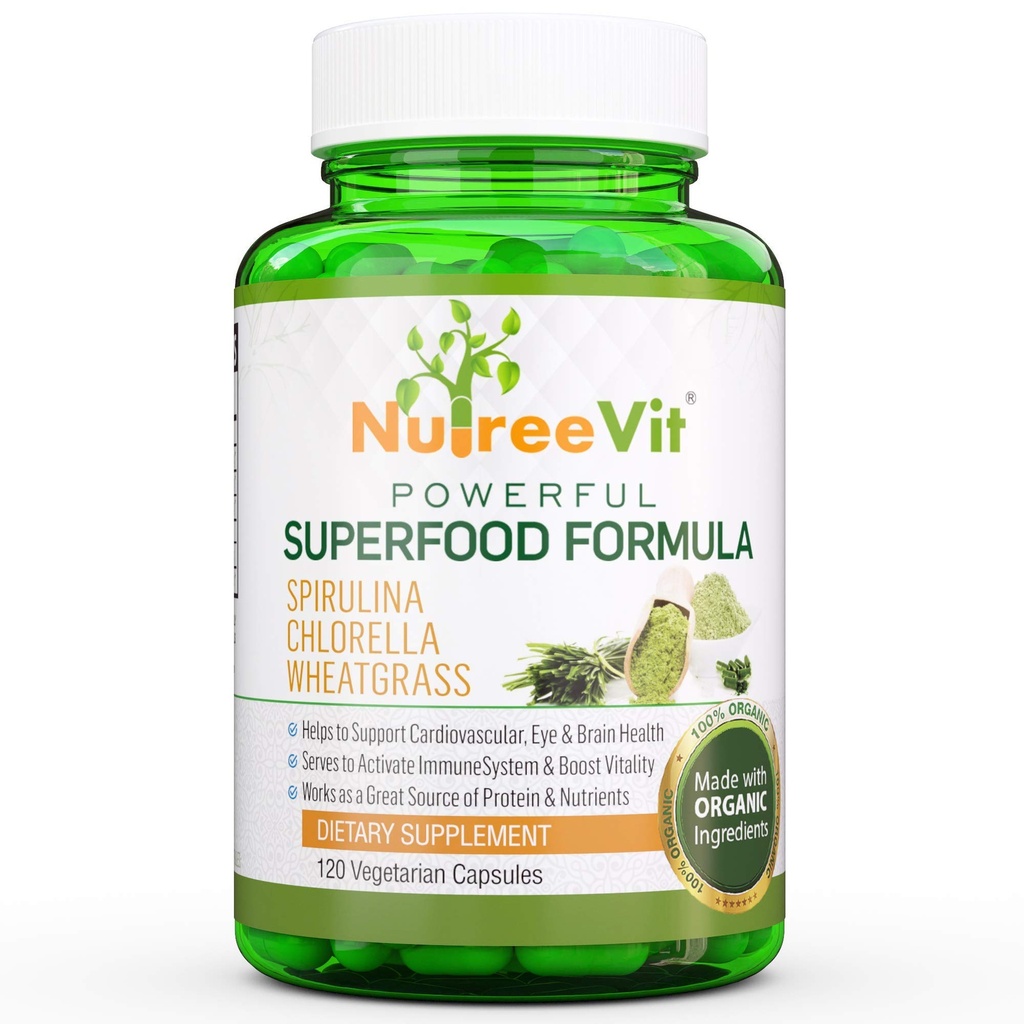 NutreeVit Puro 100% Espirulina orgánica + Clorella + Wheatgrass - Booster de energía, Immune Support, Powerful Superfood Antioxidant - Veggie Capsules  durable 500mg