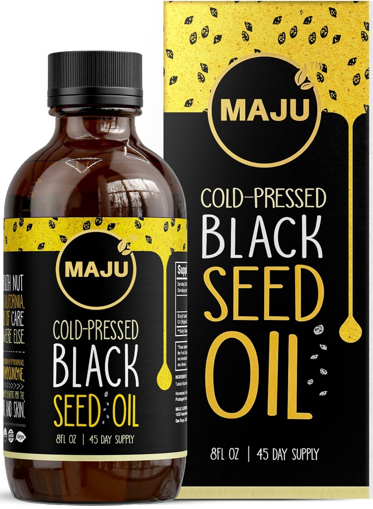 MAJU Black Seed Oil - 3 veces Thymoquinone, Cold-Presed, 100% turco Negro Cumin Seed Oil, Liquid Pure Blackseed Oil, Glass Bottle, 8 oz