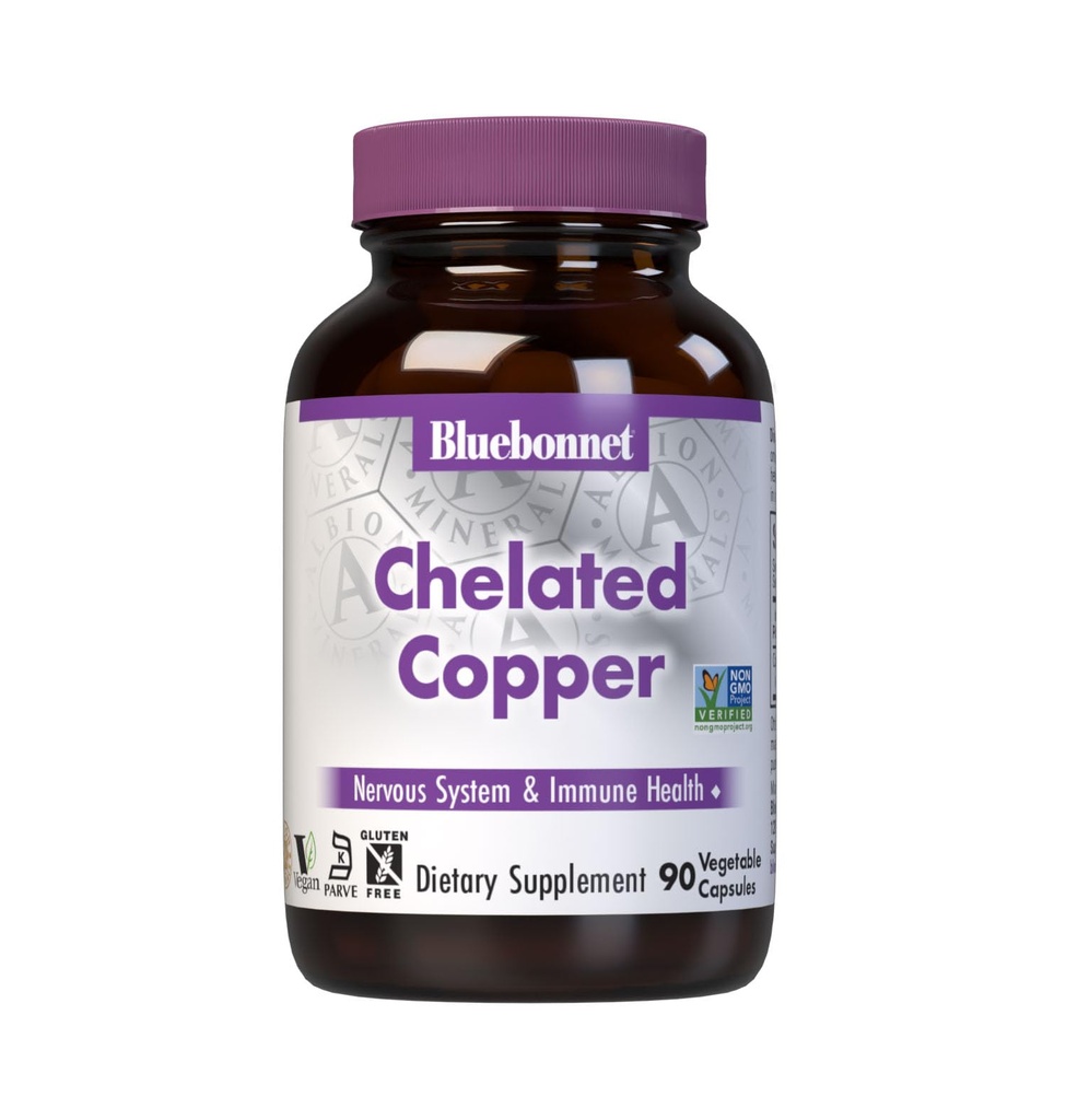 Bluebonnet Nutrition Albion Chelated Copper, 3 mg de Copper, For Nervous System & Immune Health*, Soy-Free, Gluten-Free, Non-GMO, Kosher Certified, Dairy-Free, Vegan, 90 Vegetable Capsule, 90 Servings
