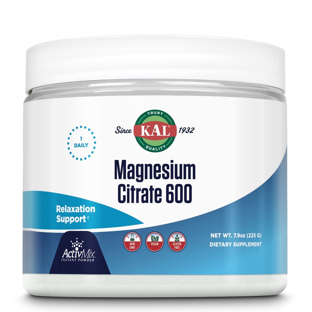 KAL Magnesium Citrate 600 mg ActivMix Instant Powder, Magnesium Supplement for Healthy Muscle Function, Relax, Nerve and Circulation Support, Vegan, Non-GMO, Gluten Free, Aprox. 60 Serv, 7.9oz
