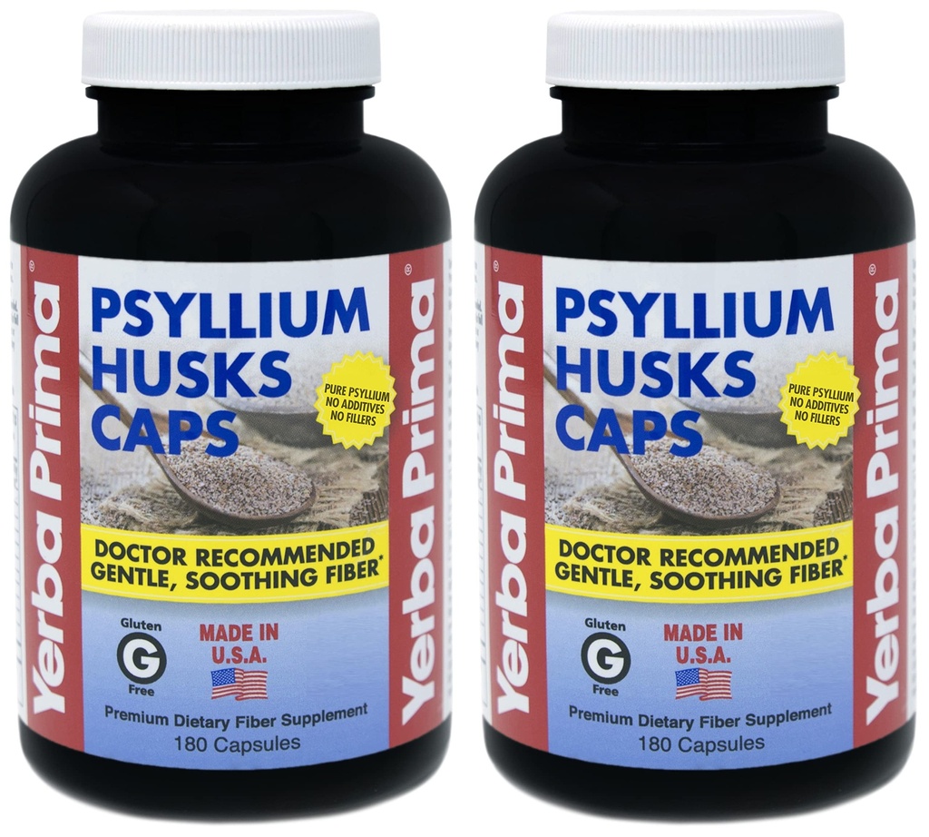Yerba Prima Psyllium Husk Caps - 180 Capsules (Pack of 2) - Easy to Swallow Fiber Supplement - Colon Cleanse - Gut Health - Non-GMO Gluten Free