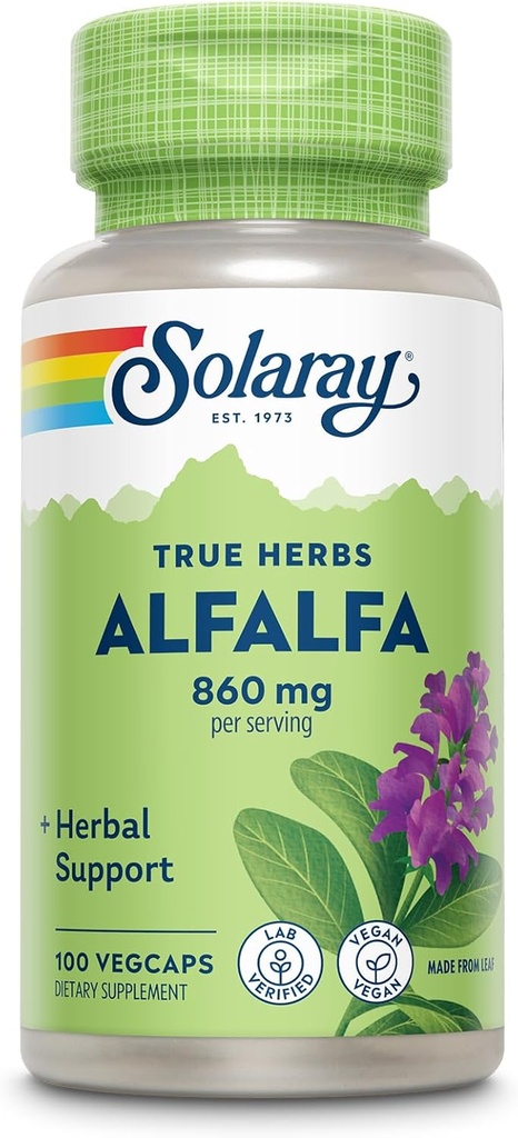 SOLARAY Alfalfa Leaf 860 mg - Alfalfa Capsules for Nutritive Support, Herbal Superfood w/Naturalmente Occurring Vitamina K, C y E, Minerales, Fibra y Clorophyll, Vegan, Garantía de 60 días, 50 Servimientos