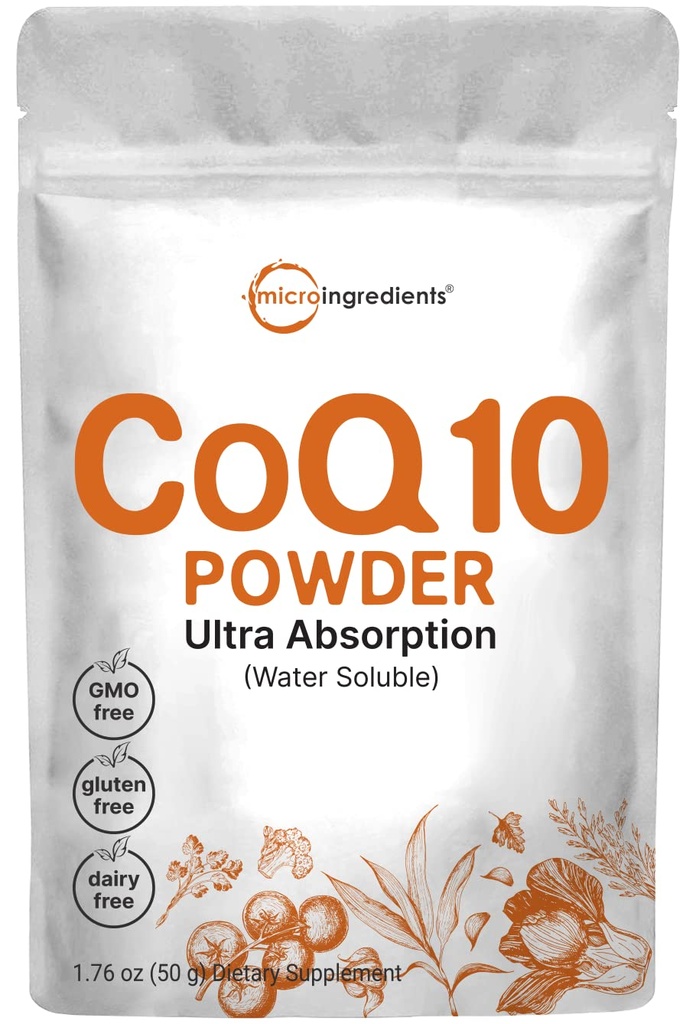 Micro Ingredientes Agua Soluble COQ10 Suplemento (COQ10 200mg Por Serving in Powder Form), 50 Gramos (8 meses de suministro), Absorción Extra, Apoyo al Corazón y la Salud Energética, Vegan Friendly