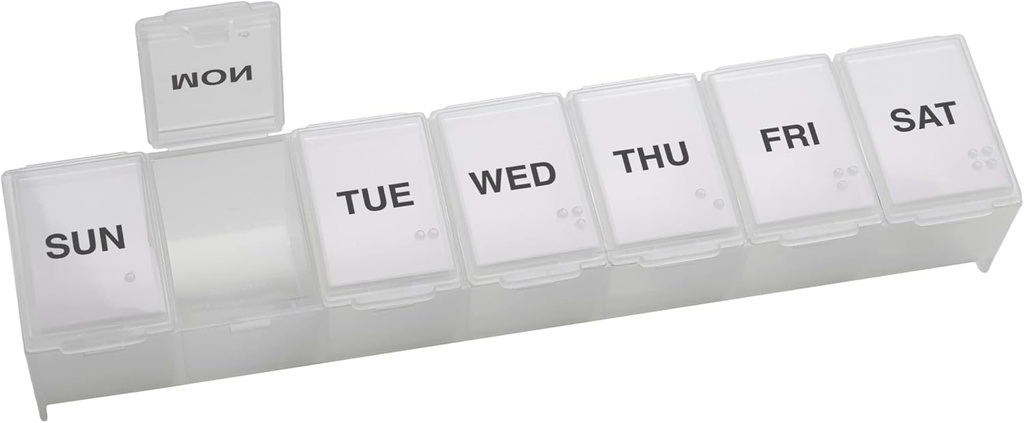 EZY DOSE semanal (7 días) Caja de píldoras diarias, Planificador de medicina, organizador de vitaminas, contenedor de suplementos, conveniente y fácil de usar, grandes compartimentos, viaje amigable, claro, hecho en los EE.UU., libre BPA