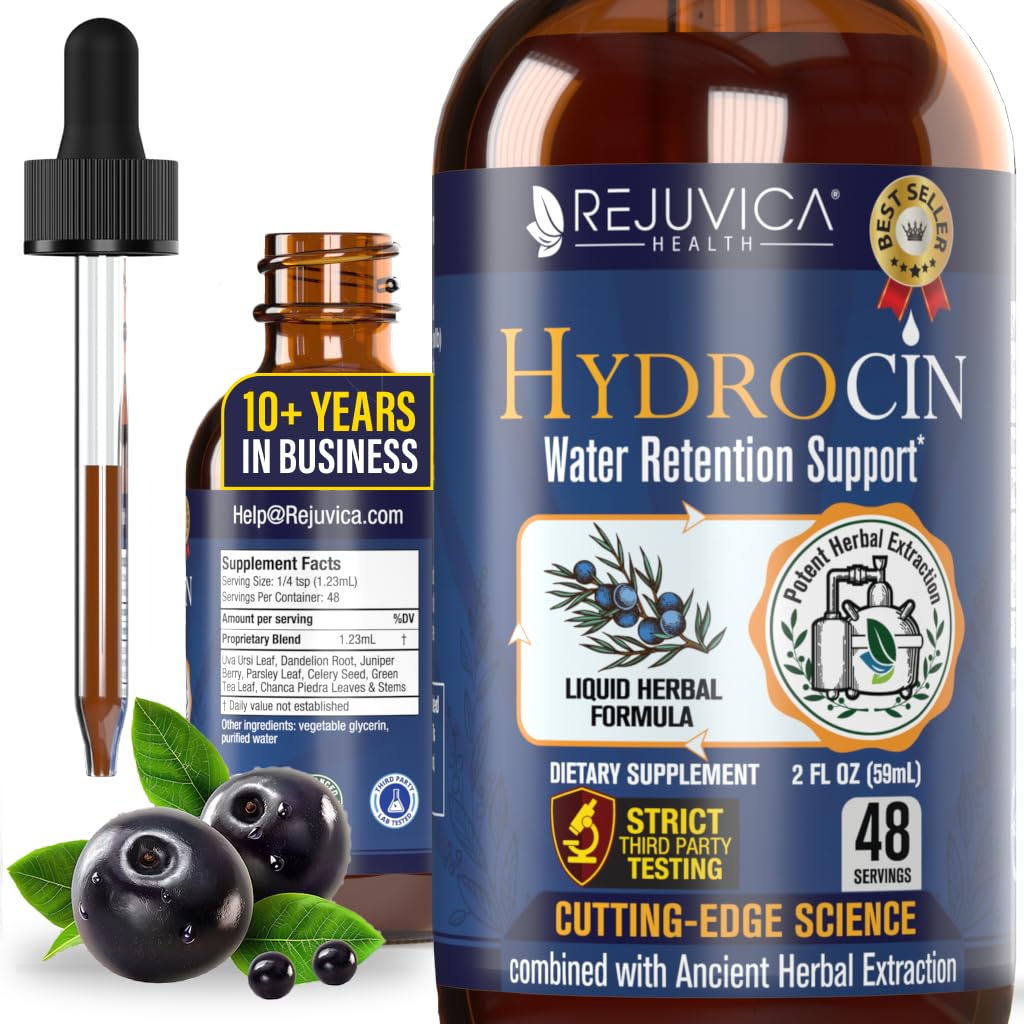 Rejuvica Health Hydrocin Liquid Diuretic Supplement – Water Retention Support with Dandelion, Uva Ursi, Juniper Berry, Celery Seed & Green Tea – Fast Absorption Alcohol-Free Drops