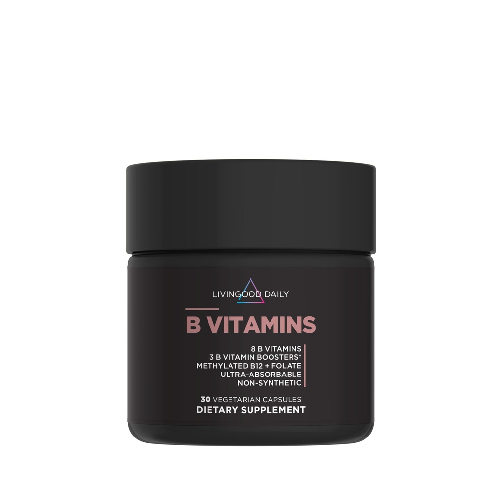 Livingood Daily Vitamin B Complex Capsules for Men and Women, Methylated B12 & Folate, 11 Formas activas que incluyen B1 B2 B3 B5 B6 " Biotin, Gluten Free, Vegan B Vitaminas para uñas de piel de pelo, 30 cápsulas