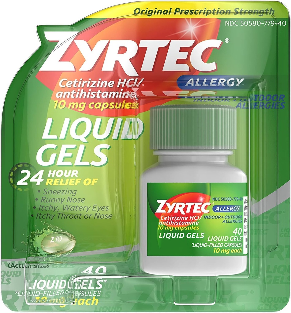 Zyrtec 24 horas Indoor &amp; Alergia al aire libre Pulmones líquidos, cápsulas antihistamínicas con clorhidrato de cetirizina para Alivio de Alergia de Todos los Días, 40 ct ( Pack de 2)
