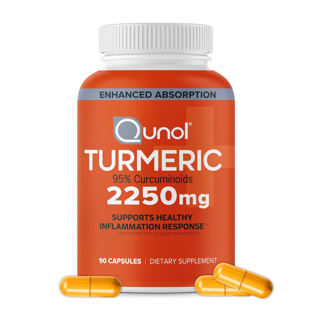 Curcumina Turmérica Qunol con Pepper Negro, 2250mg Extracto Turmérico con Curcuminoides 95%, Suplemento Turmérico de Fuerza Extra, Absorción Mejorada, Suplemento de Apoyo Conjunto, 90 cápsulas vegetarianas