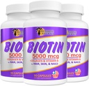 Suplemento dietético de Biotina. para la piel más saludable, cabello delgado, crecimiento de la uñas. Collagen, vitamina A, B para la pérdida del cabello, belleza, renovación celular, salud de cuero cabelludo. 5000 mcg. 90 cápsulas. Paquete de 3