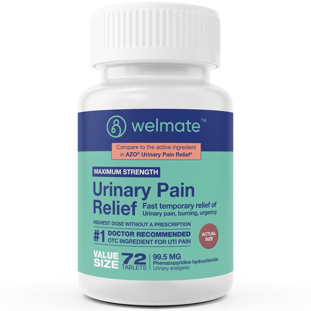 WELMATE - Alivio del dolor urinario (72 Tabletas) - Phenazopyridine Hydrochloride 99.5mg - Dolor urinario, Urgencia, &amp; Descomfort - Maximum Strength - Medication over-The-Counter