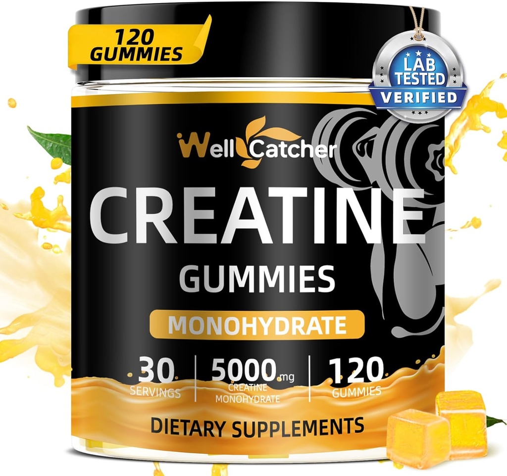 Cretina Monohydrate Gummies para Hombre Mujeres: Lab Tested Creatine 5000mg Suplemento Azúcar gratuito para la recuperación del crecimiento muscular Preworkout Energy Orange Flavor 120ct