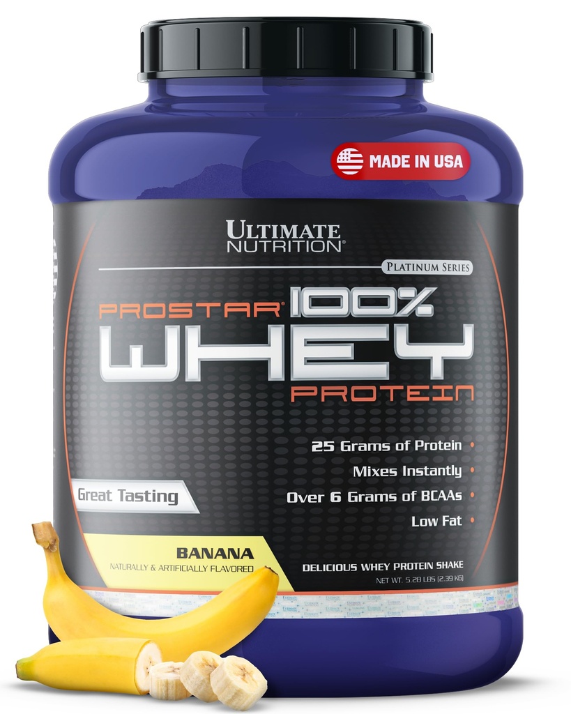 Ultimate Nutrition Prostar Whey Protein Powder Isolate, Banana - Low Carb, High Protein Powder Shake for Muscle Gain & Recuperación - Bajo Sodium, Low-Fat & Keto Friendly - 5.28 lbs Tubs