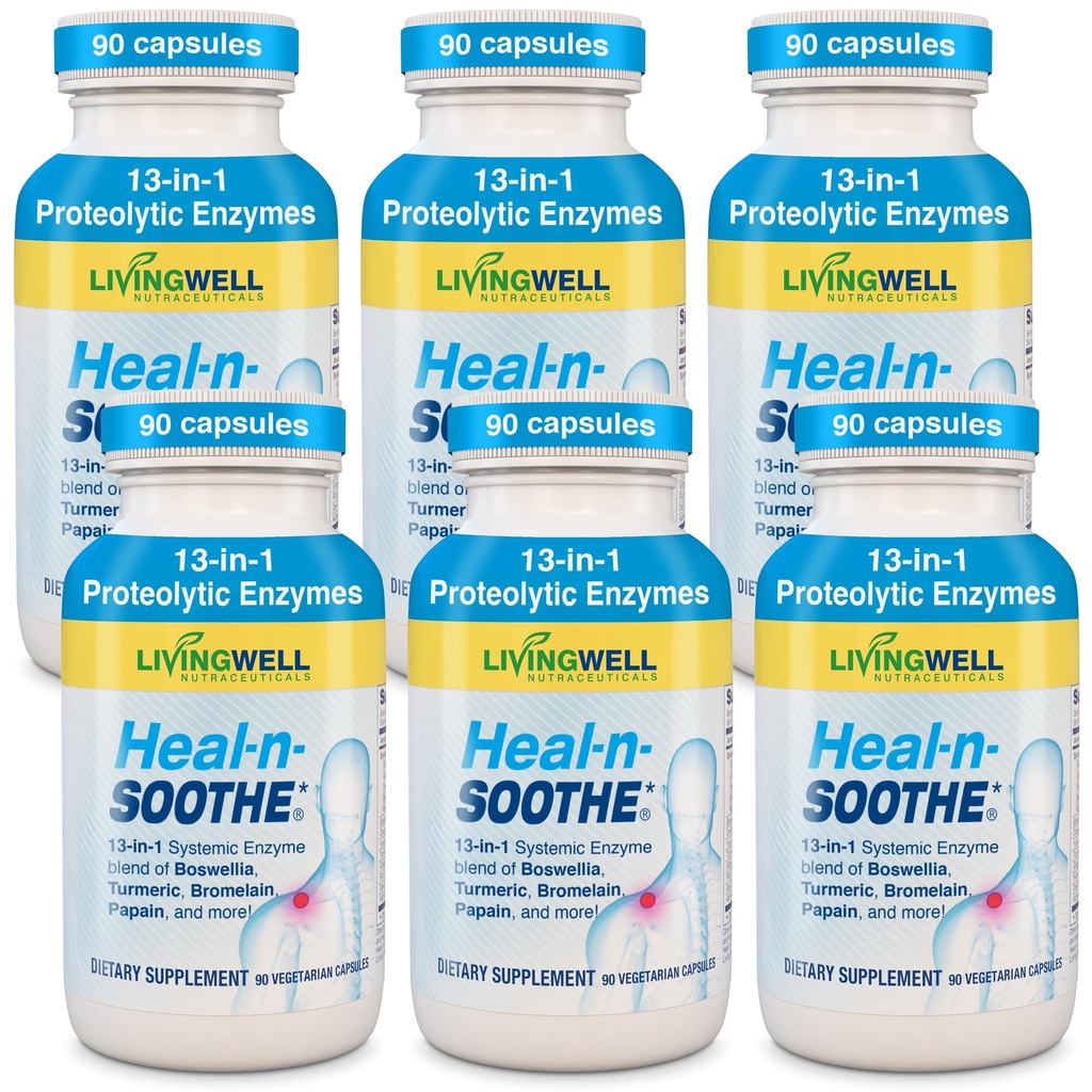HEAL-N-SOOTHE Joint Support Supplements - Proteolytic Enzymes like Bromelain & Papain, with Boswellia, Turmeric " Ginger- Promotes Protein Digestive Function " Body Defense Wellness- 90 Count (6 Pack)