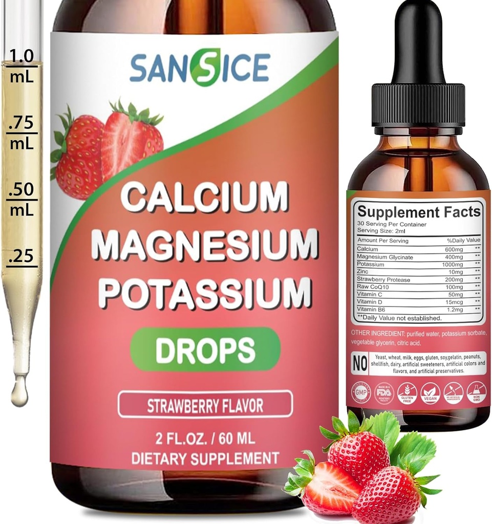 Suplementos de potasio de calcio, magnesio Glycinate 400mg gotas multivitamina de zinc Suplemento de potasio de alta absorción Vegan No GMO (60ml/Strawberry Flavor)