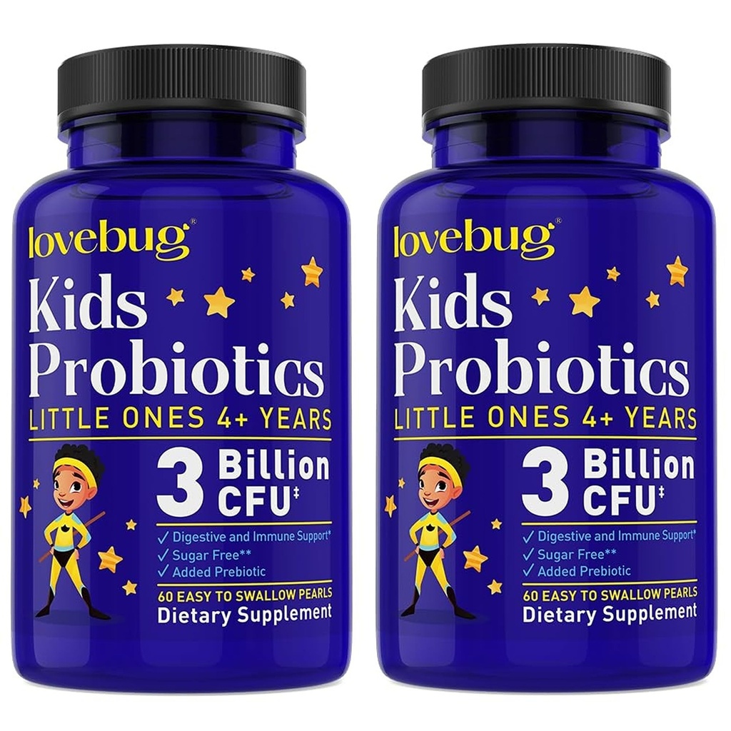 Probióticos LOVEBUG para niños - Achicos probióticos con prebióticos para niños mayores de 4 años, Salud diaria de los niños, estreñimiento, suplemento de apoyo digestivo e inmunitario, sin azúcar, 120 perlas blandas