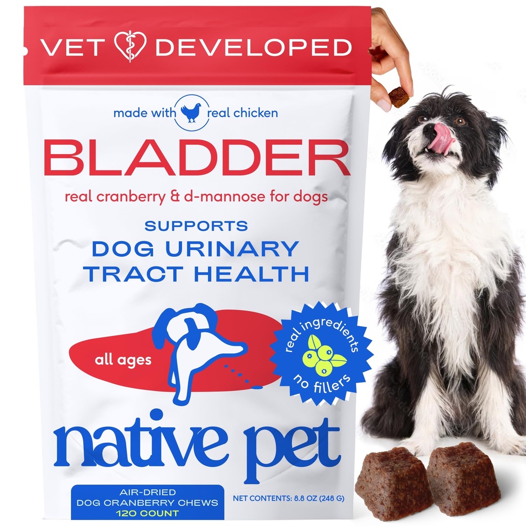 Tratamiento UTI de perros nativos - Suplemento de arándano para perros Control de vejiga " Apoyo al riñón - Prevenir la infección de la tracto urinaria y la incontinencia urinaria - Hecho con extracto de arándano real - 120 Chews