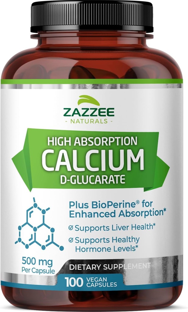 Zazzee High Absorption Calcium D-Glucarate, 500 mg por cápsula, 3 mg BioPerine for Enhanced Absorption, 100 Vegan Capsules, Plus Broccoli 10:1 Extracto, 100% Vegetariano, CDG, All-Natural and Non-GMO