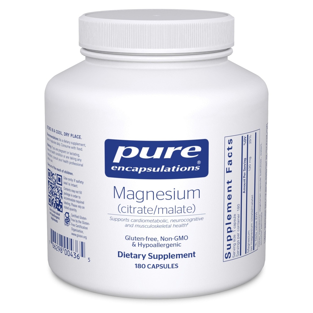 Encapsulaciones puras Magnesio (Citrate/Malate) - Suplemento Magnesio para apoyar la utilización de nutrientes, energía, huesos y salud cardíaca* - con Citrato de magnesio " Malate - 180 cápsulas