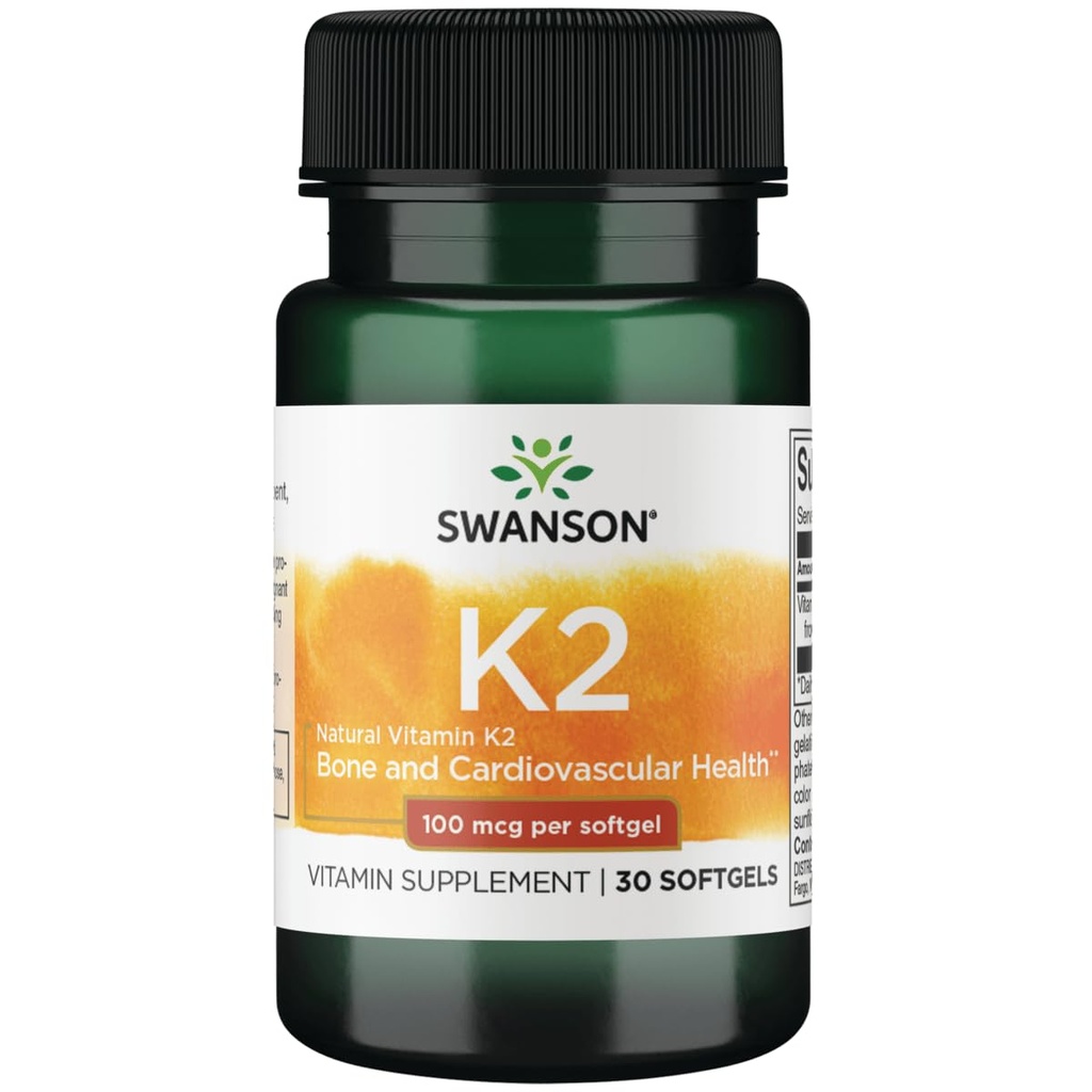 Swanson Vitamina K2 (Menaquinone-7) - Suplemento Vitamina Apoyo Cardiovascular y Bone Health - Hecho de Natto japonés para ayudar a regular el calcio - (30 Softgels, 100 mg cada uno)