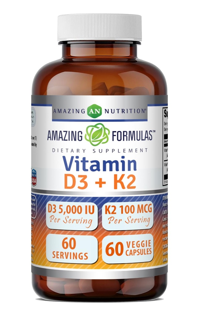 Amazing Formulas Vitamin D3 5000 IU with Vitamin K2 100 mcg | D3 + K2 Complex Supplement | Veggie Capsules | Non-GMO | Gluten Free | Made in USA (60 Count)