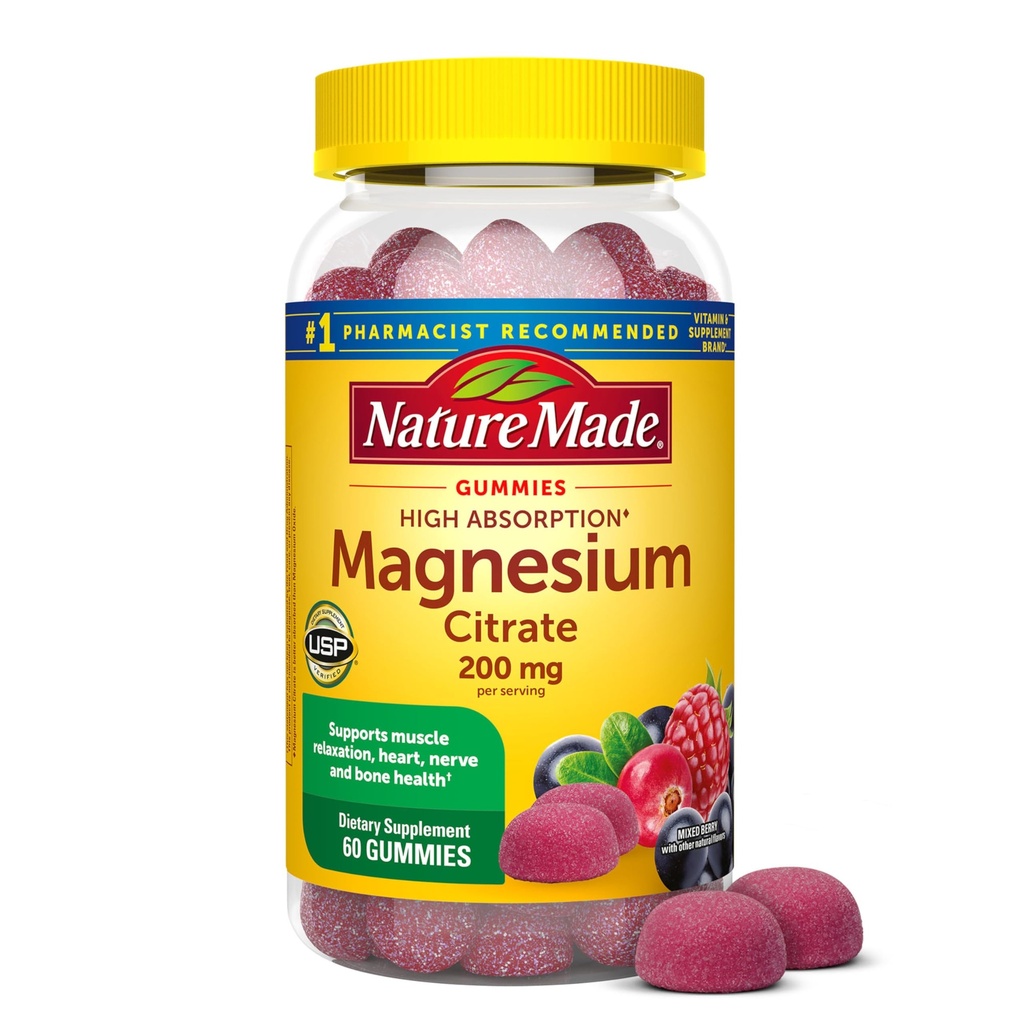 Nature Made High Absorption Magnesium Citrate 200 mg por por porción, Magnesium Supplement for Muscle, Nerve, Bone and Heart Support, 60 Magnesium Gummies, 30 Day Supply