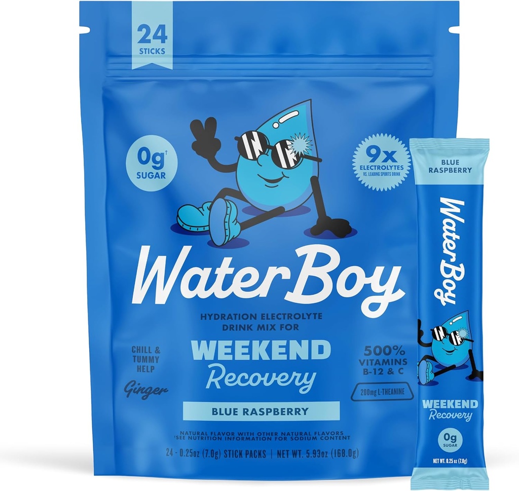 Waterboy Weekend Recovery ← 3.200mg Empaquetaduras de pólvora de electrolitos confidencialidad Ginger + L-Theanine + Vitaminas Silencio No Azúcar, Todo Natural, Gluten Gratis ← 24 Bebidas Mezclas (Blue Raspberry)