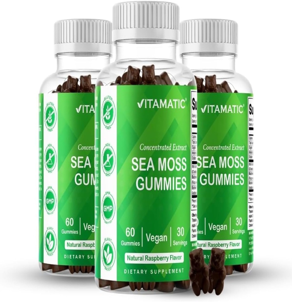 Vitamatic 3 Pack Irish Sea Moss Gummies- 3000mg Equivalent Por Serving (de Extracto 132.5 mg) - 60 Ct - Hecho con Fledderwrack & Burdock Root - Seamoss Suplemento para Tiroides, Energía, Immune Support