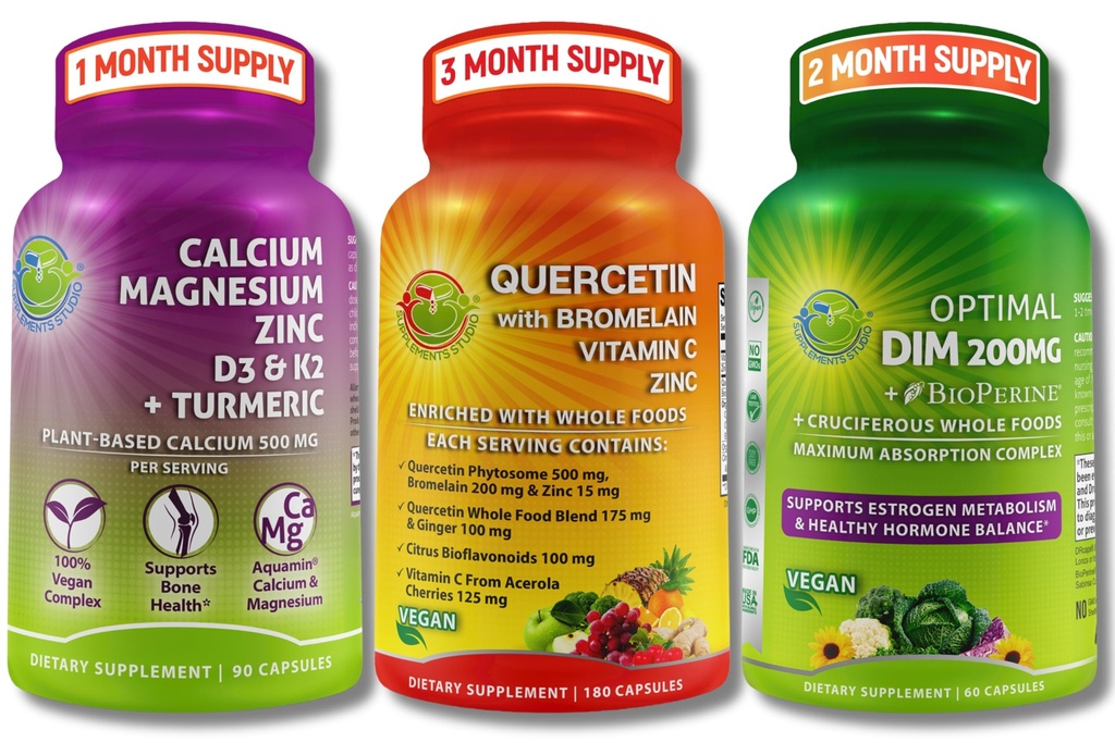 Hueso Vegano, Immune, " Trio de apoyo hormonal: calcio de base vegetal, magnesio, zinc + D3, K2 " Turmeric + quercetina con bromelaina, vitamina C, zinc + DIM 200mg " BioPerine® en cápsulas de liberación tardía