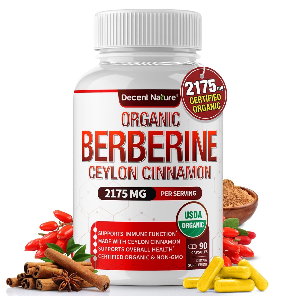Berberina orgánica con canela de Ceylán 2175mg - suplemento de berberina Premium extracto de alta pureza USDA Orgánica, apoyo sistema inmunitario, Complejo Berberine Plus, No GMO Vegan para Hombre Mujeres 90 cápsulas