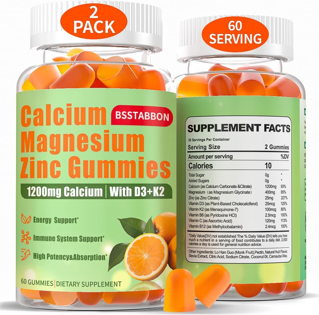 Magnesio de calcio Zinc Gummies para Adulto: 1200mg Calcium Citrate 400mg Magnesium Glycinate with D3 B12 - Sugar Free High Absorption Supplement for Women Men (60 Count(Pack of 2))