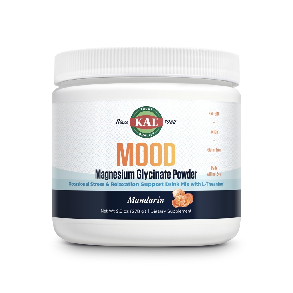 KAL Mood Magnesium Powder con L-Theanine - Mandarin Flavor Magnesium Suplemento - Relajación Apoyo, Alta Absorción, No Añadido Sugar, Vegan, Gluten Libre, Hecho Sin Soy - 40 Servimientos, 9.8 oz