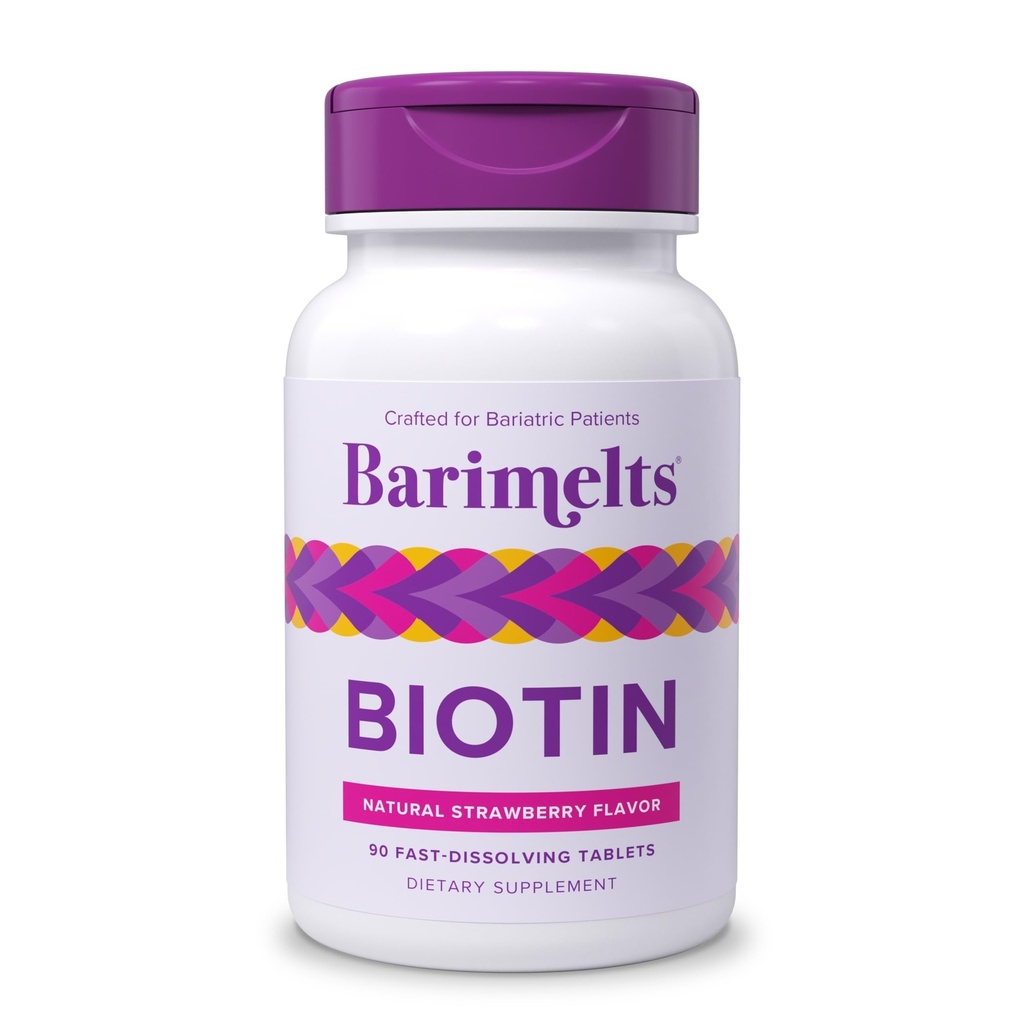 BariMelts Biotina 5000mcg, 90 Tablas de resolución rápida (3-Month Supply), Vitaminas Bariatricas Libres de Azúcar para Mujeres, Sabor de Fresa Natural
